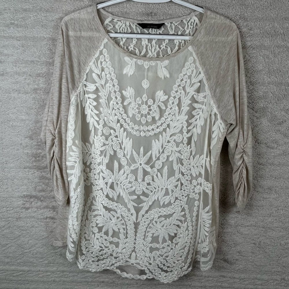 ALI MILES Heathered Embroidered Lace Overlay Top Ruched Sleeve Boho Sz M
